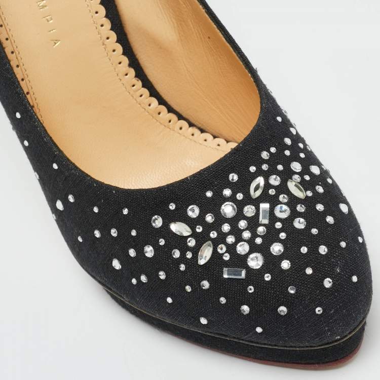 Pre Owned Charlotte Olympia Black Canvas Crystal Embellished Dotty Platform Pumps Size 41