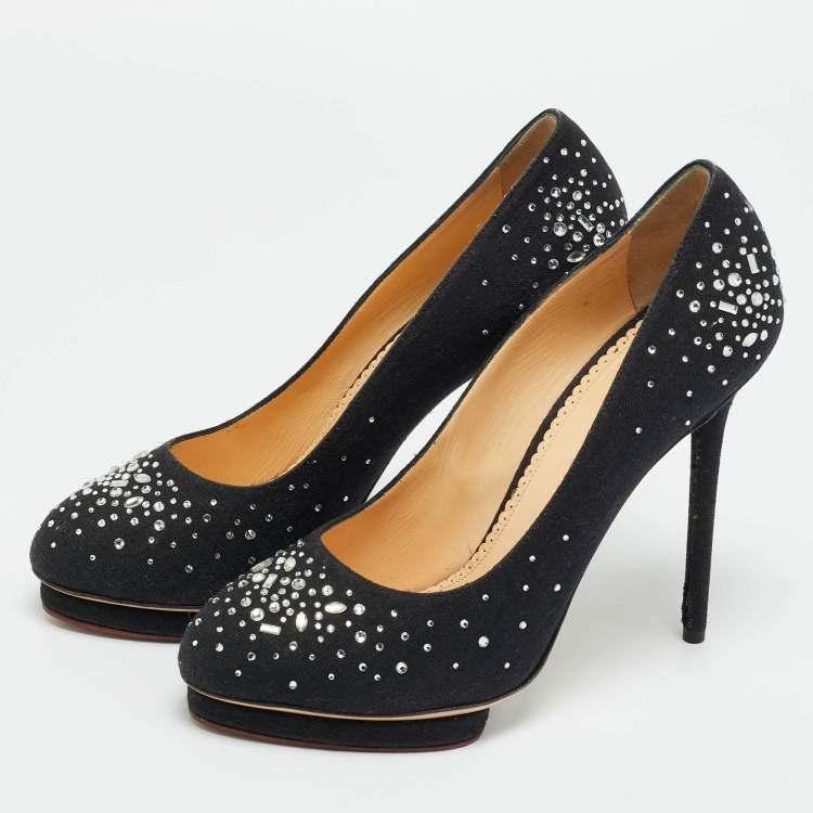 Pre Owned Charlotte Olympia Black Canvas Crystal Embellished Dotty Platform Pumps Size 41
