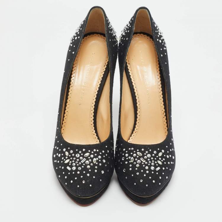 Pre Owned Charlotte Olympia Black Canvas Crystal Embellished Dotty Platform Pumps Size 41