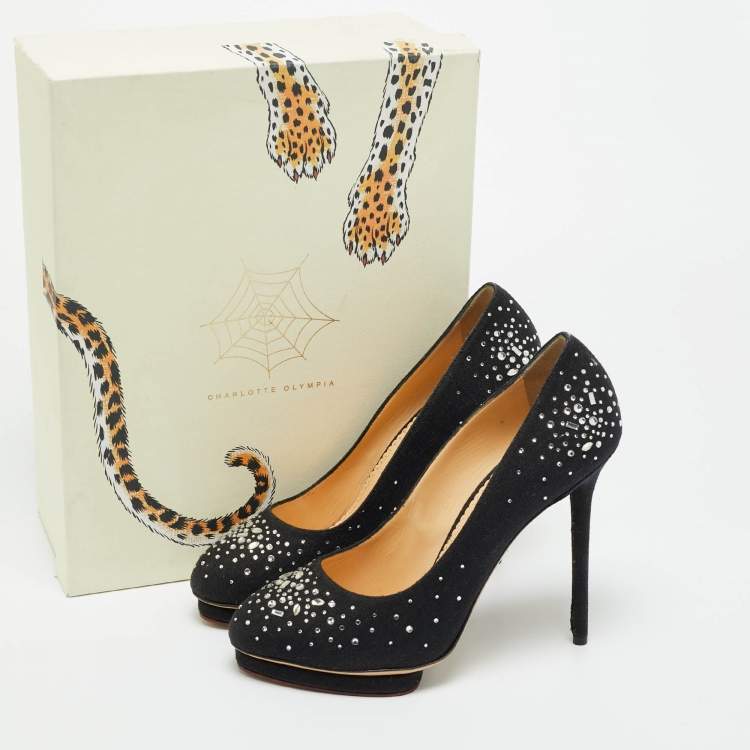 Pre Owned Charlotte Olympia Black Canvas Crystal Embellished Dotty Platform Pumps Size 41