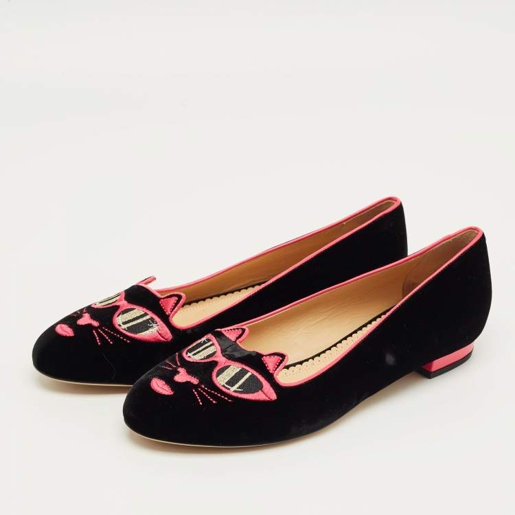 Pre Owned Charlotte Olympia Black/Pink Velvet Kitty Ballet Flats Size 40