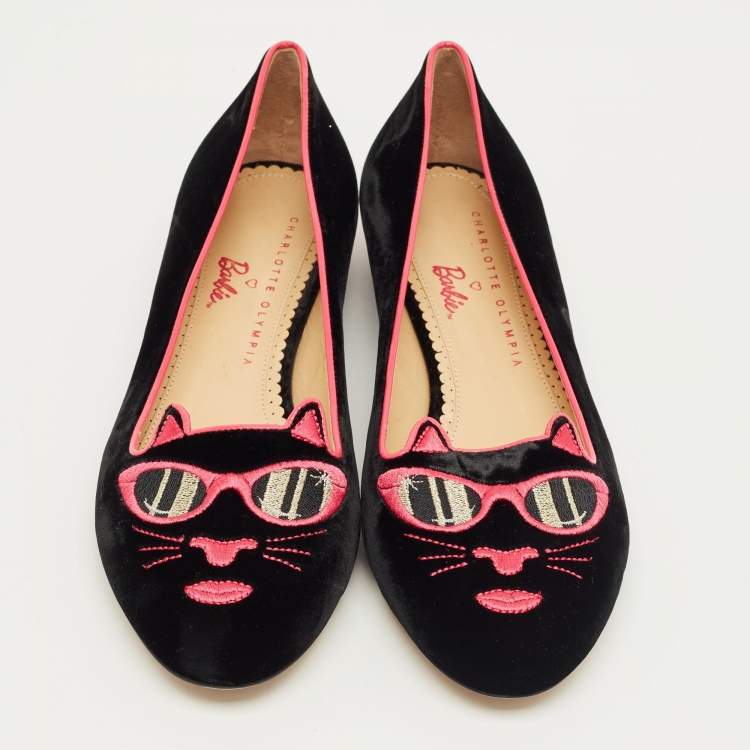 Pre Owned Charlotte Olympia Black/Pink Velvet Kitty Ballet Flats Size 40