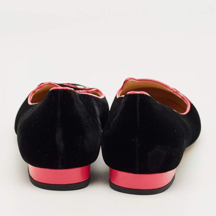 Pre Owned Charlotte Olympia Black/Pink Velvet Kitty Ballet Flats Size 40