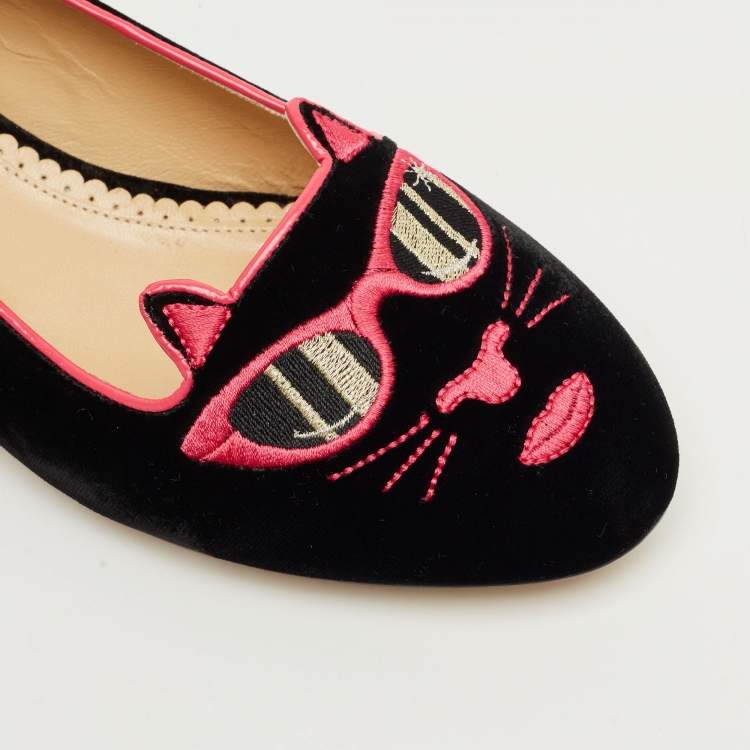 Pre Owned Charlotte Olympia Black/Pink Velvet Kitty Ballet Flats Size 40