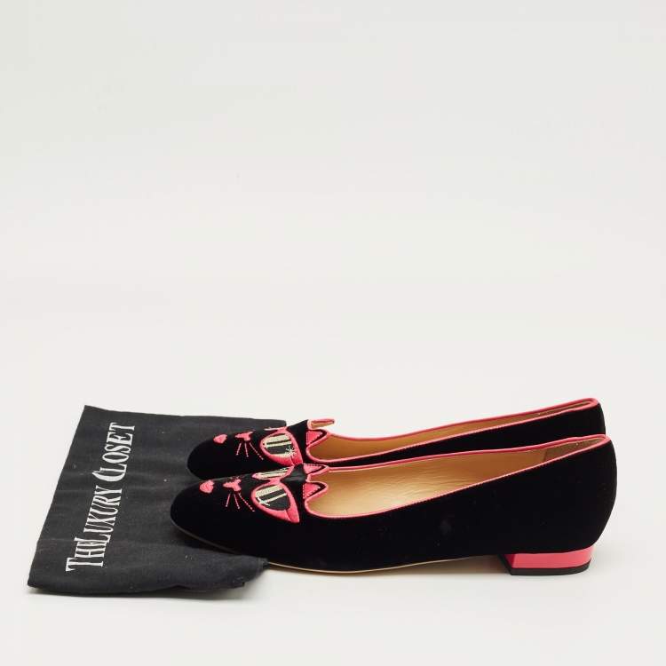 Pre Owned Charlotte Olympia Black/Pink Velvet Kitty Ballet Flats Size 40