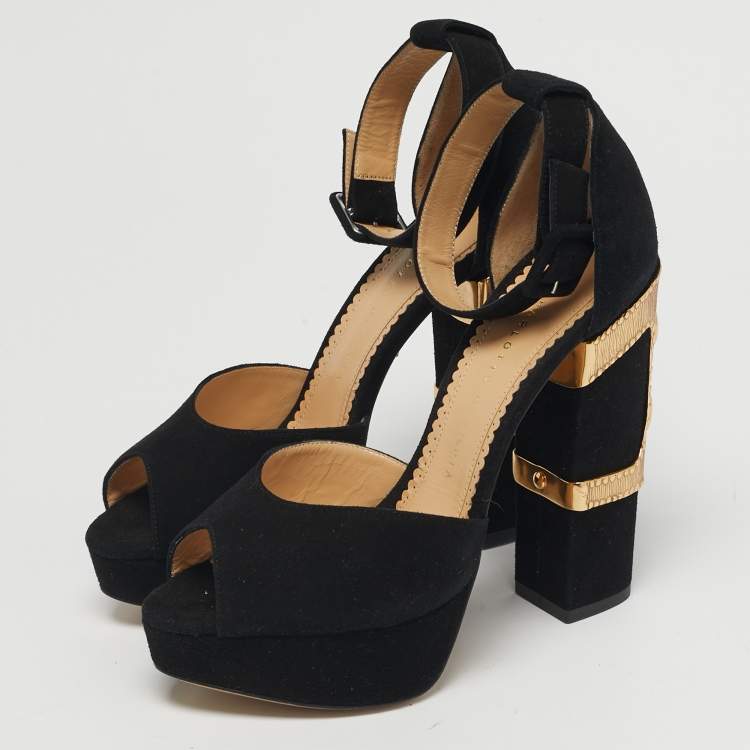 مملوكة مسبقًا Charlotte Olympia Size 38 Black Suede Embellished Ankle Strap Platform Sandals