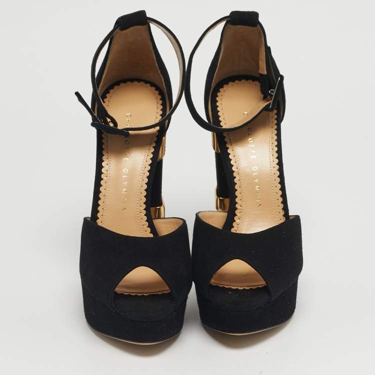 مملوكة مسبقًا Charlotte Olympia Size 38 Black Suede Embellished Ankle Strap Platform Sandals
