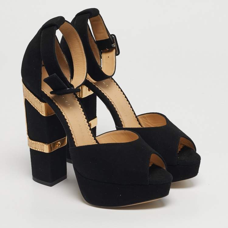 مملوكة مسبقًا Charlotte Olympia Size 38 Black Suede Embellished Ankle Strap Platform Sandals
