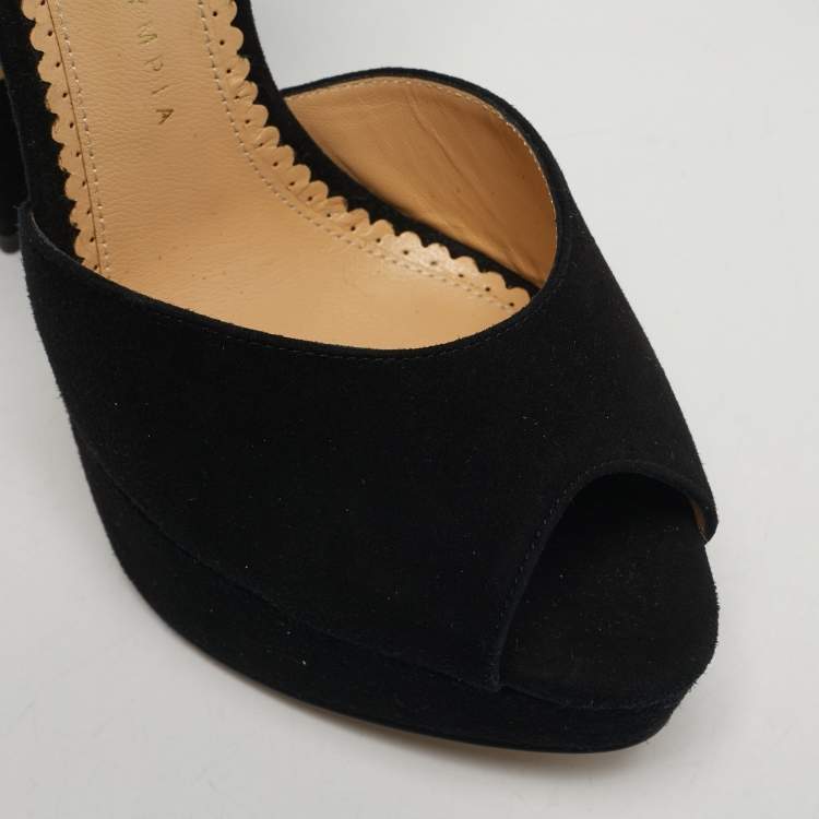 مملوكة مسبقًا Charlotte Olympia Size 38 Black Suede Embellished Ankle Strap Platform Sandals