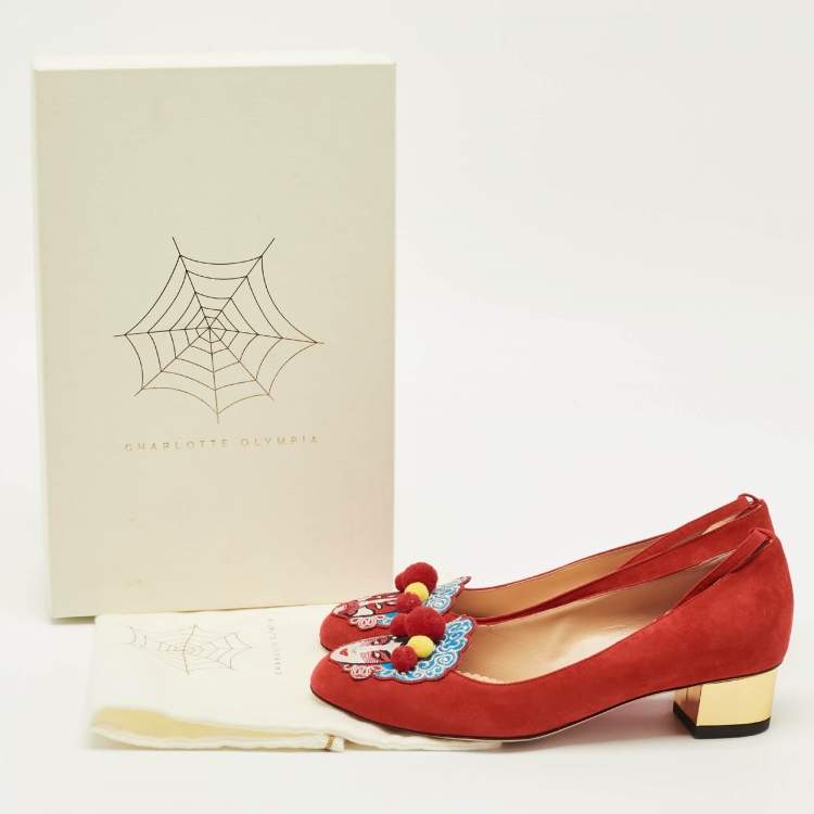 Pre Owned Charlotte Olympia Peking Size 39.5 Red Suede Ankle Strap Pumps