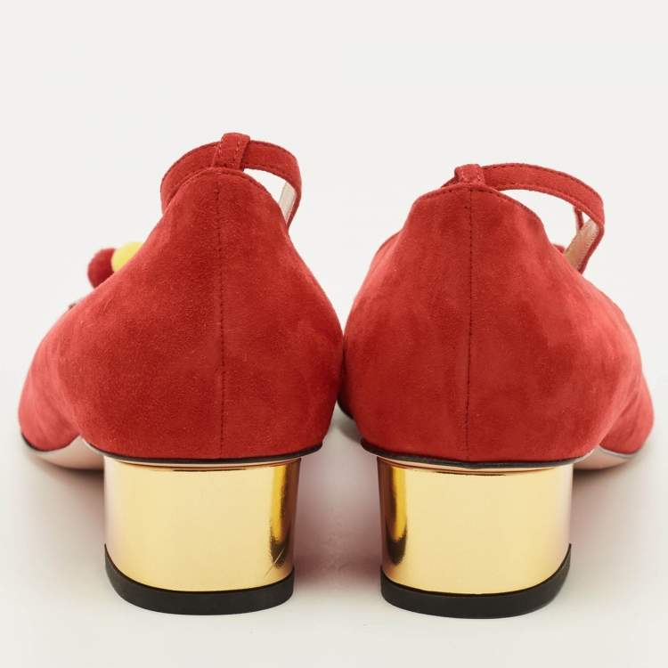 Pre Owned Charlotte Olympia Peking Size 39.5 Red Suede Ankle Strap Pumps
