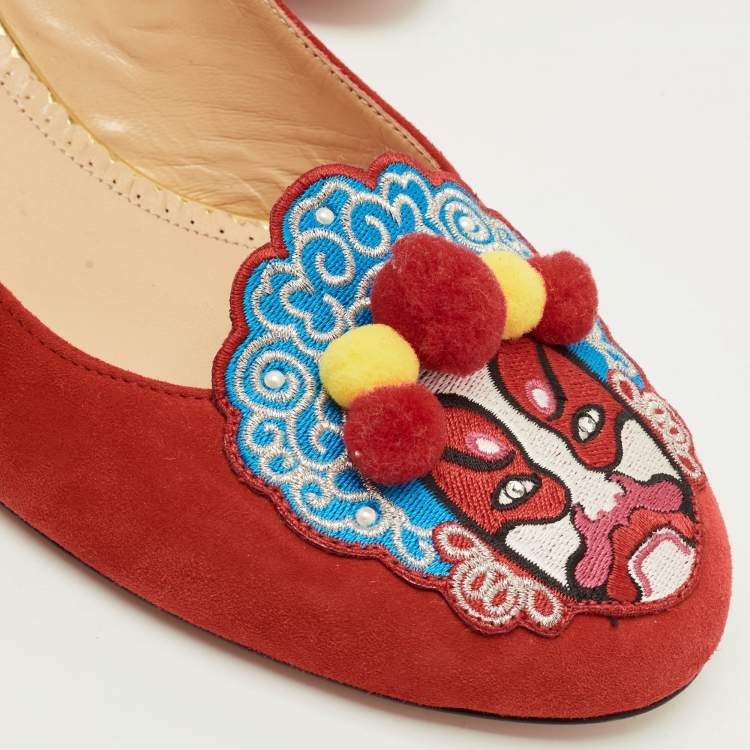 Pre Owned Charlotte Olympia Peking Size 39.5 Red Suede Ankle Strap Pumps