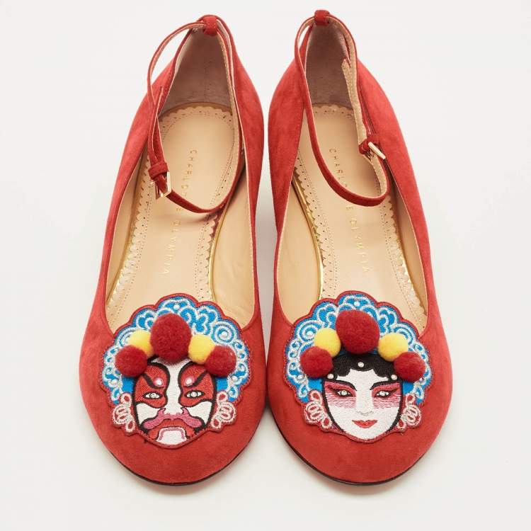 Pre Owned Charlotte Olympia Peking Size 39.5 Red Suede Ankle Strap Pumps