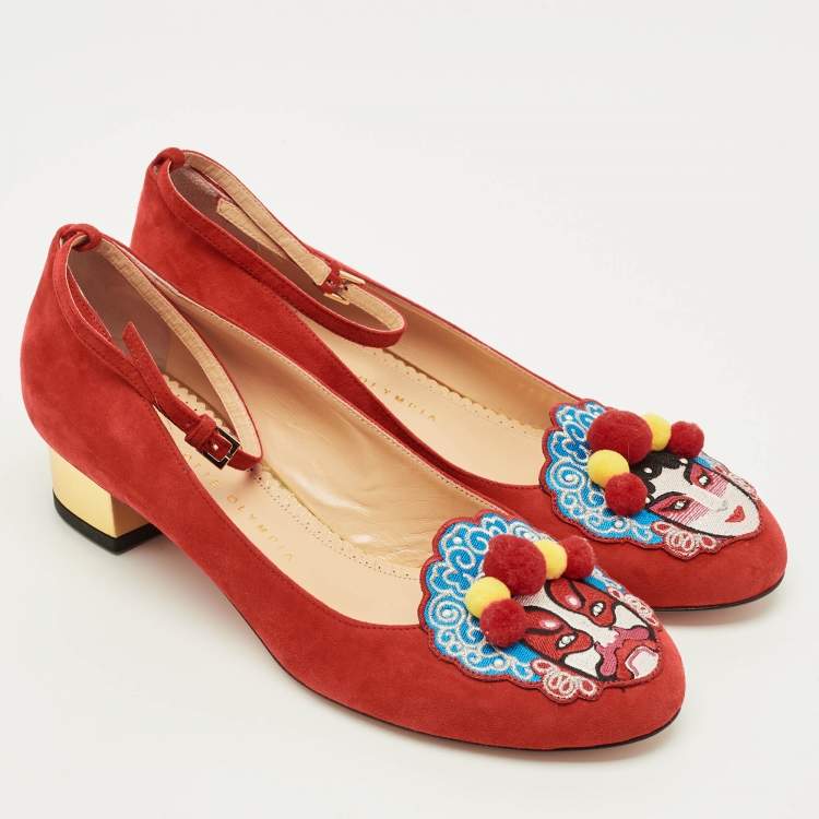 Pre Owned Charlotte Olympia Peking Size 39.5 Red Suede Ankle Strap Pumps