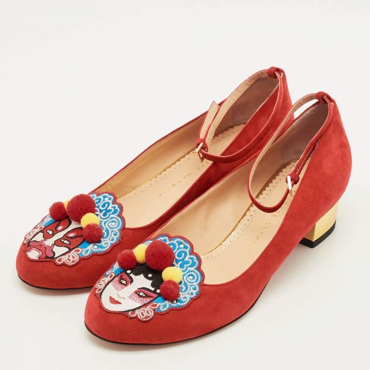 Pre Owned Charlotte Olympia Peking Size 39.5 Red Suede Ankle Strap Pumps