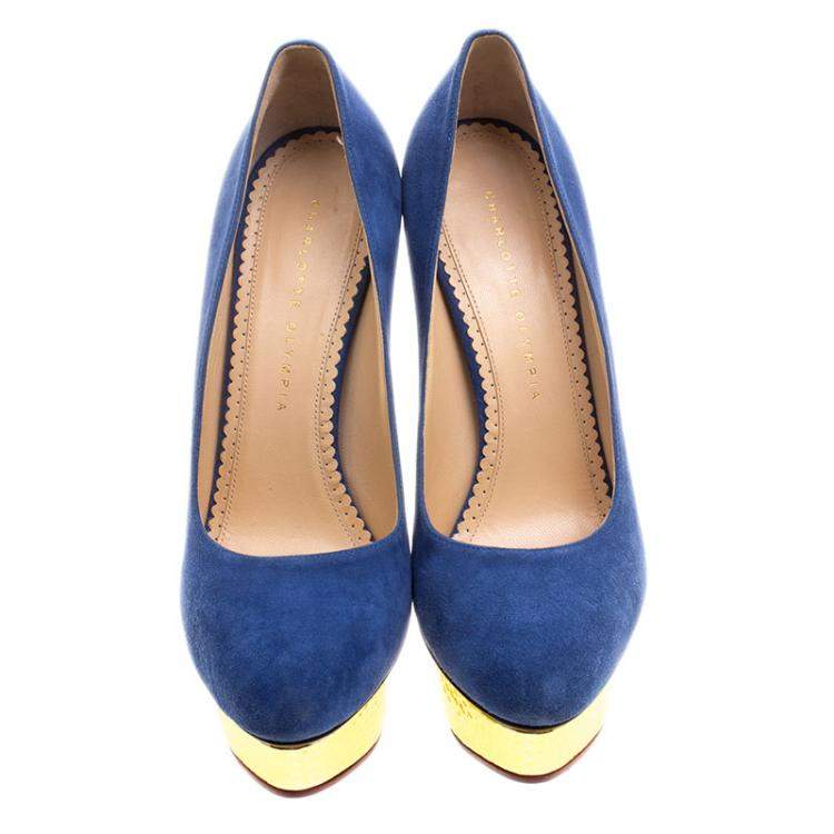 Pre Owned Charlotte Olympia Blue Suede Dolly Platform Pumps Size 39.5