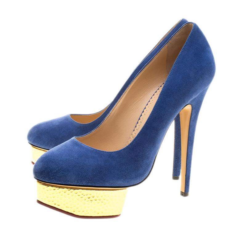 Pre Owned Charlotte Olympia Blue Suede Dolly Platform Pumps Size 39.5
