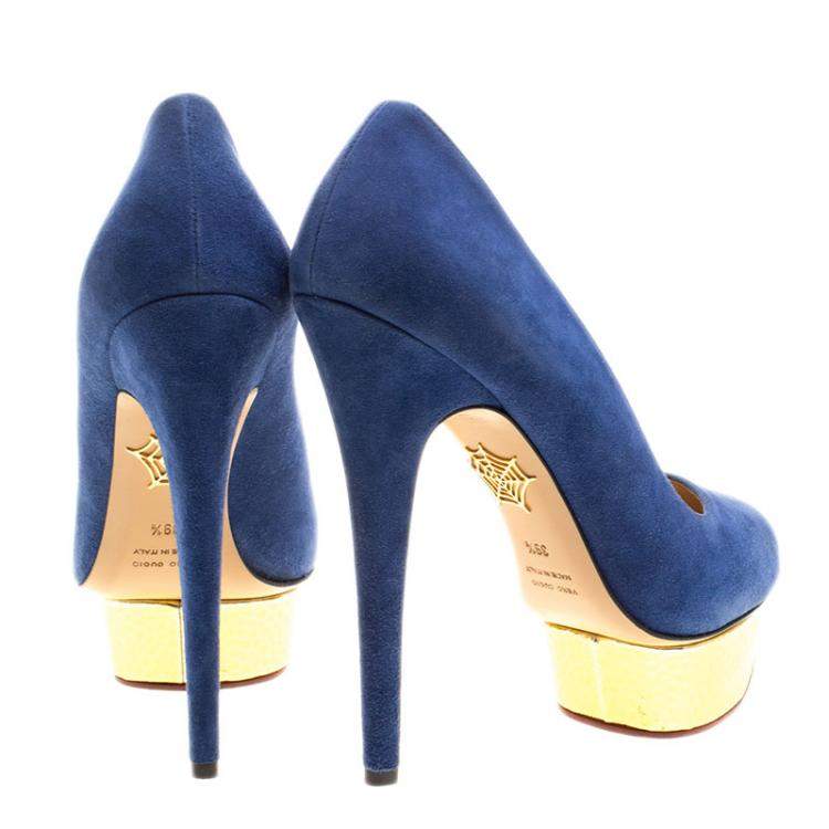 Pre Owned Charlotte Olympia Blue Suede Dolly Platform Pumps Size 39.5