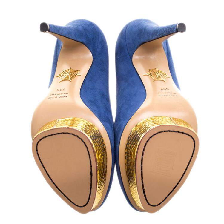 Pre Owned Charlotte Olympia Blue Suede Dolly Platform Pumps Size 39.5