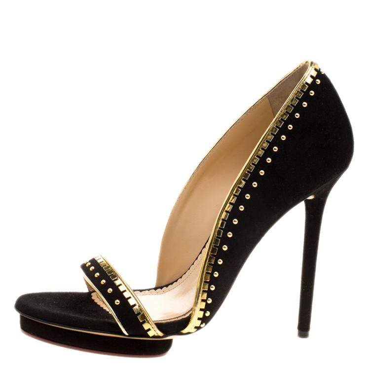 Pre Owned Charlotte Olympia Black Suede Christine Stud Embellished Open Toe Sandals Size 40