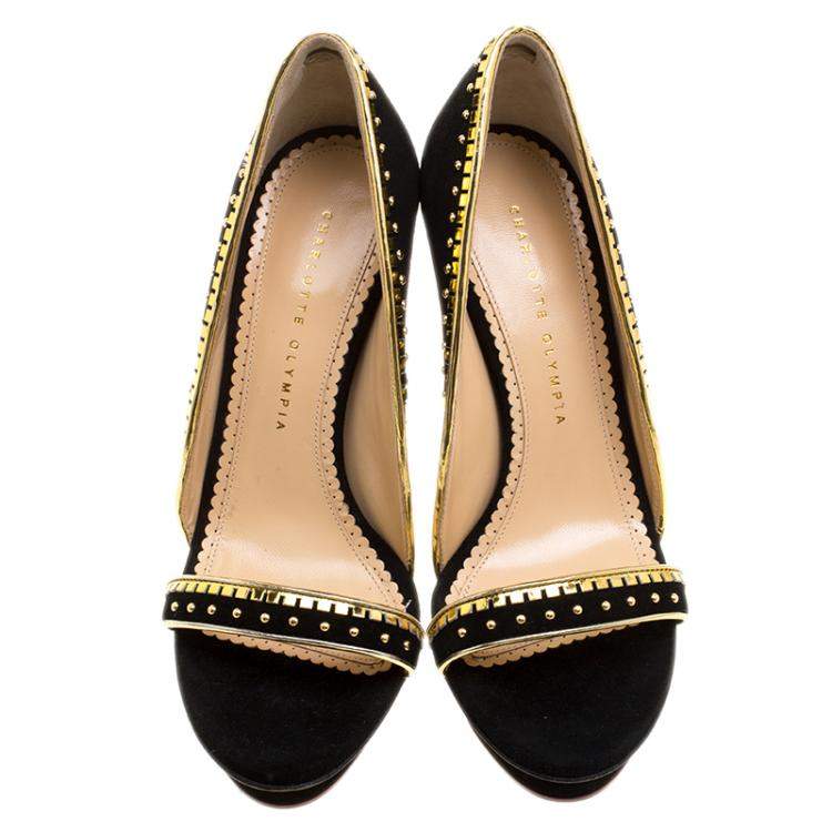 Pre Owned Charlotte Olympia Black Suede Christine Stud Embellished Open Toe Sandals Size 40