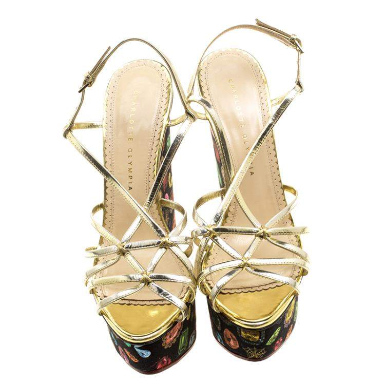 Pre Owned Charlotte Olympia Metallic Gold Leather Elizabeth Jewel Print Wedge Sandals Size 40