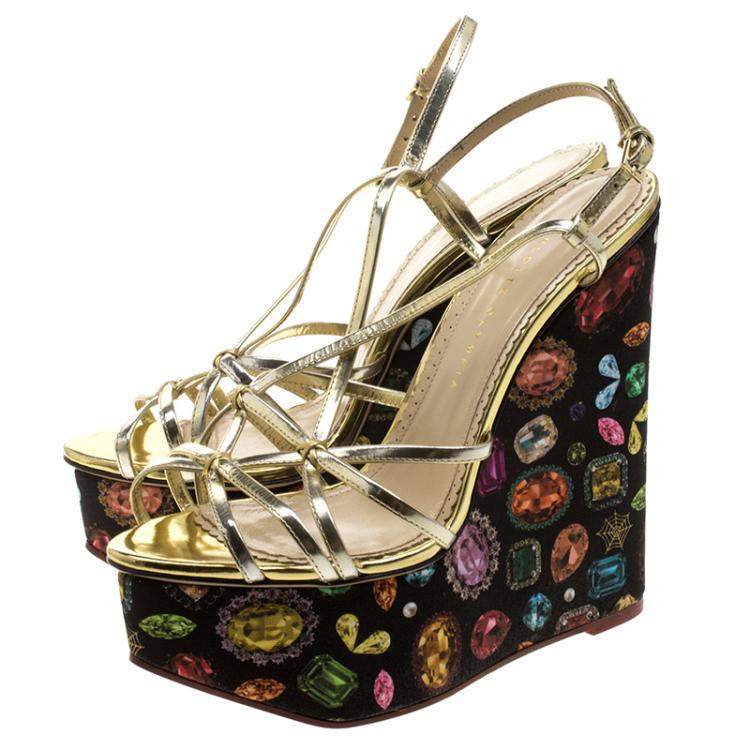 Pre Owned Charlotte Olympia Metallic Gold Leather Elizabeth Jewel Print Wedge Sandals Size 40