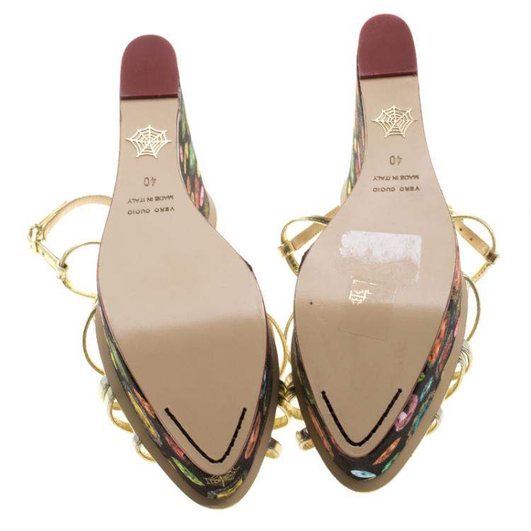 Pre Owned Charlotte Olympia Metallic Gold Leather Elizabeth Jewel Print Wedge Sandals Size 40