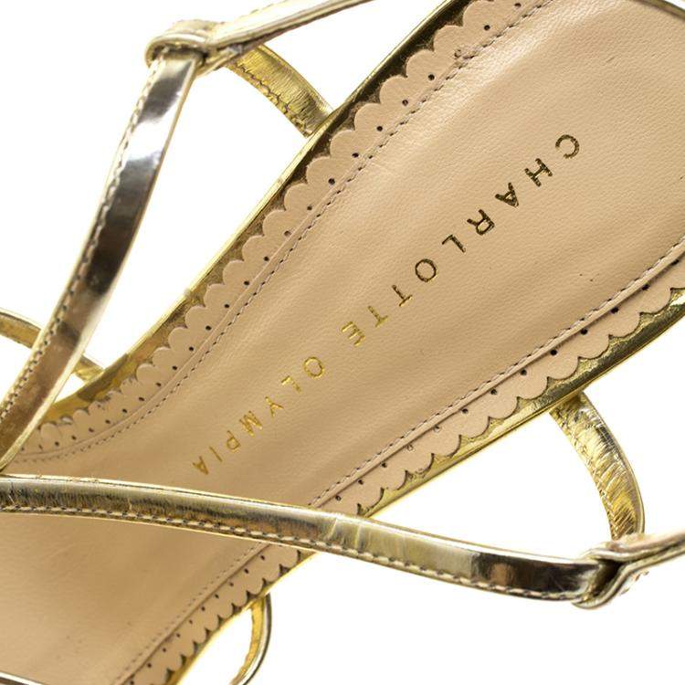 Pre Owned Charlotte Olympia Metallic Gold Leather Elizabeth Jewel Print Wedge Sandals Size 40