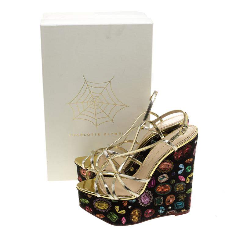 Pre Owned Charlotte Olympia Metallic Gold Leather Elizabeth Jewel Print Wedge Sandals Size 40