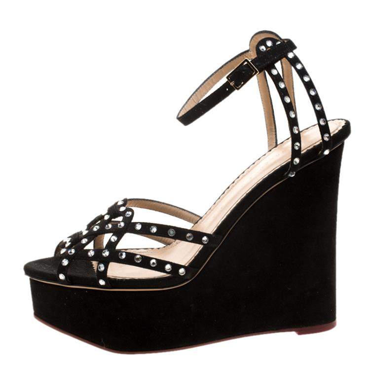 Pre Owned Charlotte Olympia Black Suede Crystal Embellished Wedge Sandals Size 40