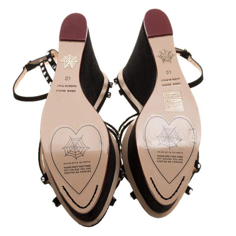Pre Owned Charlotte Olympia Black Suede Crystal Embellished Wedge Sandals Size 40