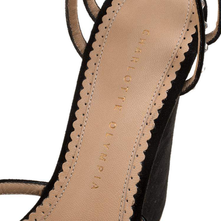 Pre Owned Charlotte Olympia Black Suede Crystal Embellished Wedge Sandals Size 40
