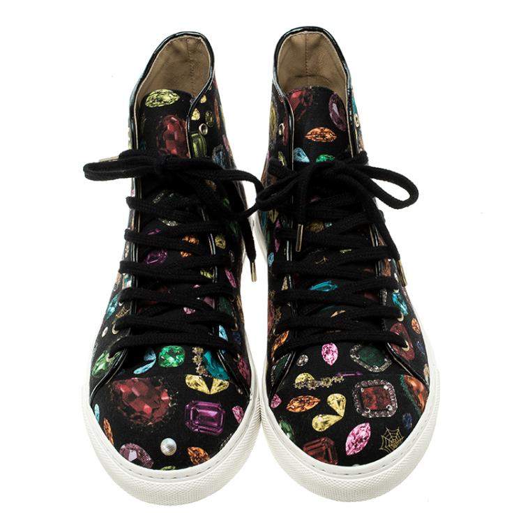 Pre Owned Charlotte Olympia Multicolor Jewel Print Canvas High Top Sneakers Size 38.5