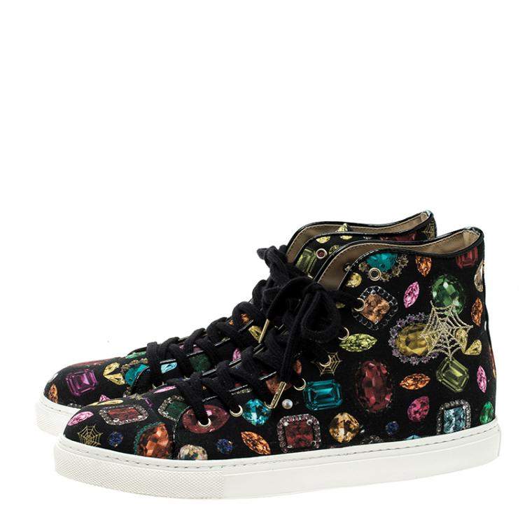 Pre Owned Charlotte Olympia Multicolor Jewel Print Canvas High Top Sneakers Size 38.5