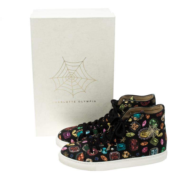 Pre Owned Charlotte Olympia Multicolor Jewel Print Canvas High Top Sneakers Size 38.5
