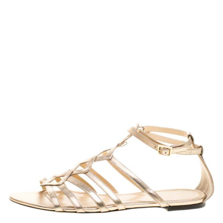 Pre Owned Charlotte Olympia Metallic Beige Leather Magdalena Flat Sandals Size 41