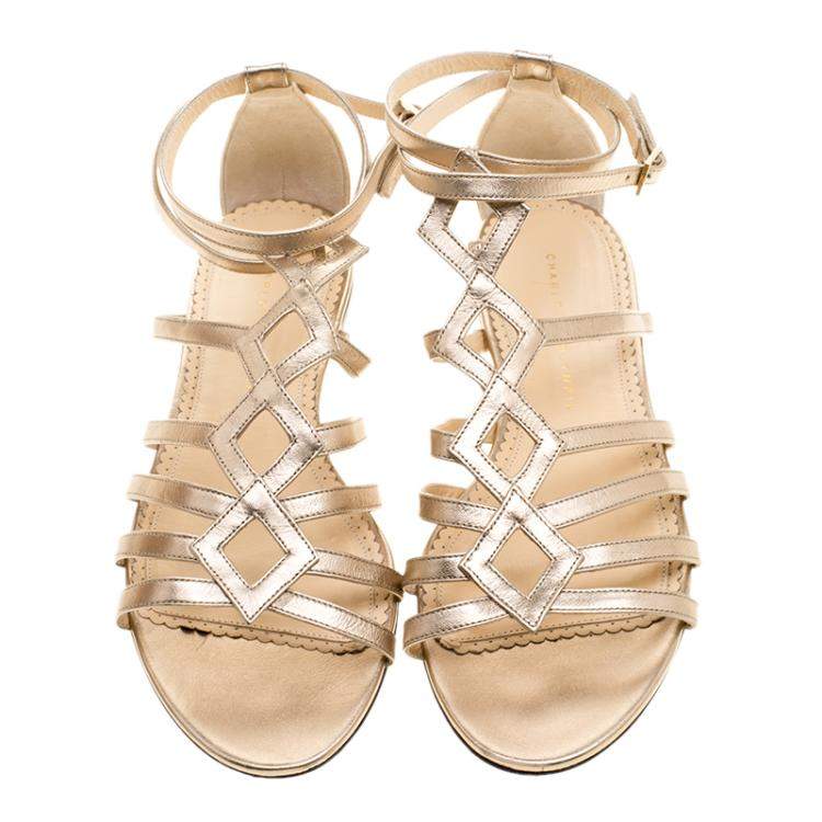 Pre Owned Charlotte Olympia Metallic Beige Leather Magdalena Flat Sandals Size 41