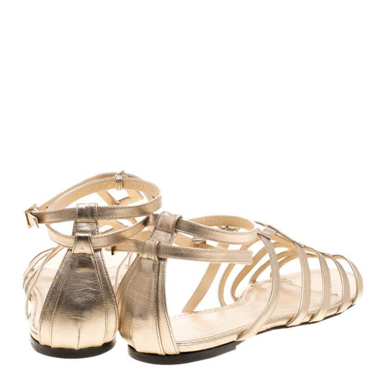Pre Owned Charlotte Olympia Metallic Beige Leather Magdalena Flat Sandals Size 41