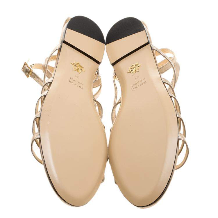 Pre Owned Charlotte Olympia Metallic Beige Leather Magdalena Flat Sandals Size 41