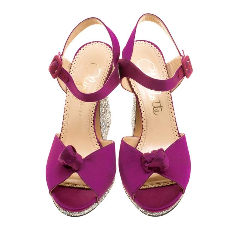 مملوكة مسبقًا Charlotte Olympia Magenta Satin Vega Peep Toe Ankle Strap Sandals Size 40