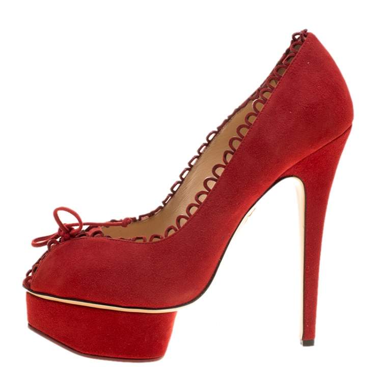 Pre Owned Charlotte Olympia Red Suede Daphne Scalloped Trim Peep Toe Platform Pumps Size 39.5