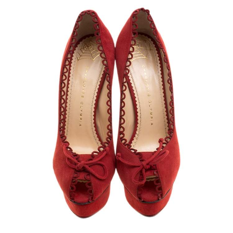 Pre Owned Charlotte Olympia Red Suede Daphne Scalloped Trim Peep Toe Platform Pumps Size 39.5