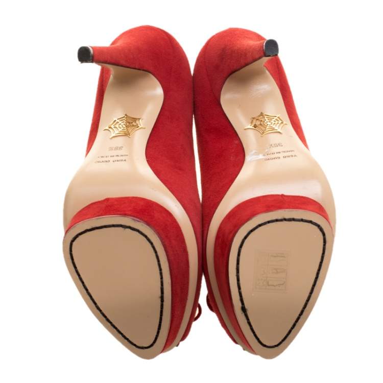 Pre Owned Charlotte Olympia Red Suede Daphne Scalloped Trim Peep Toe Platform Pumps Size 39.5