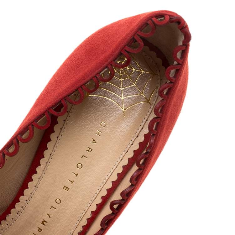 Pre Owned Charlotte Olympia Red Suede Daphne Scalloped Trim Peep Toe Platform Pumps Size 39.5