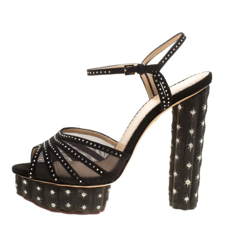 Pre Owned Charlotte Olympia Black Suede And Mesh Cactus Crystal Studded Ankle Strap Platform Sandals Size 41