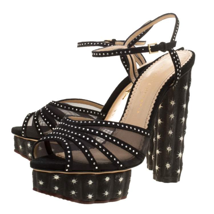 Pre Owned Charlotte Olympia Black Suede And Mesh Cactus Crystal Studded Ankle Strap Platform Sandals Size 41
