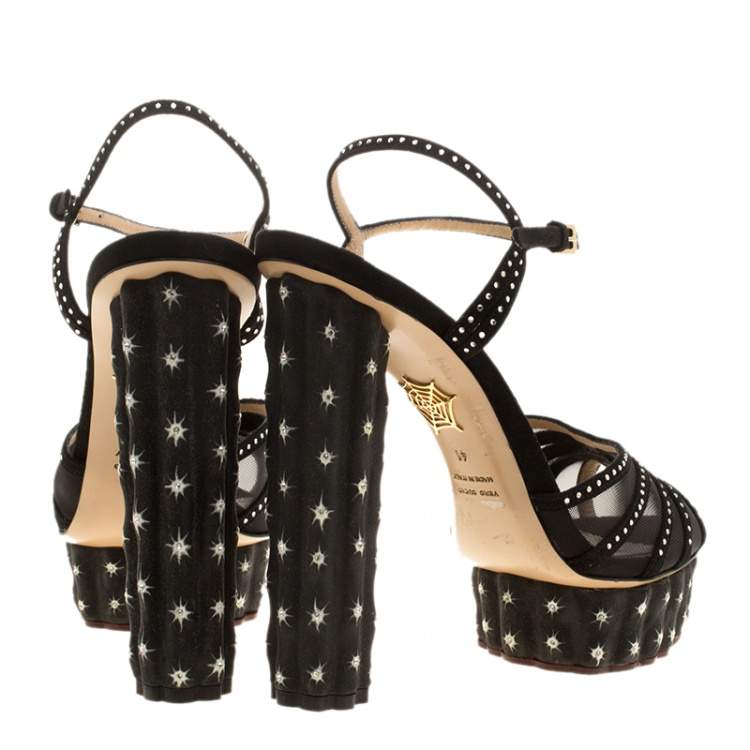 Pre Owned Charlotte Olympia Black Suede And Mesh Cactus Crystal Studded Ankle Strap Platform Sandals Size 41