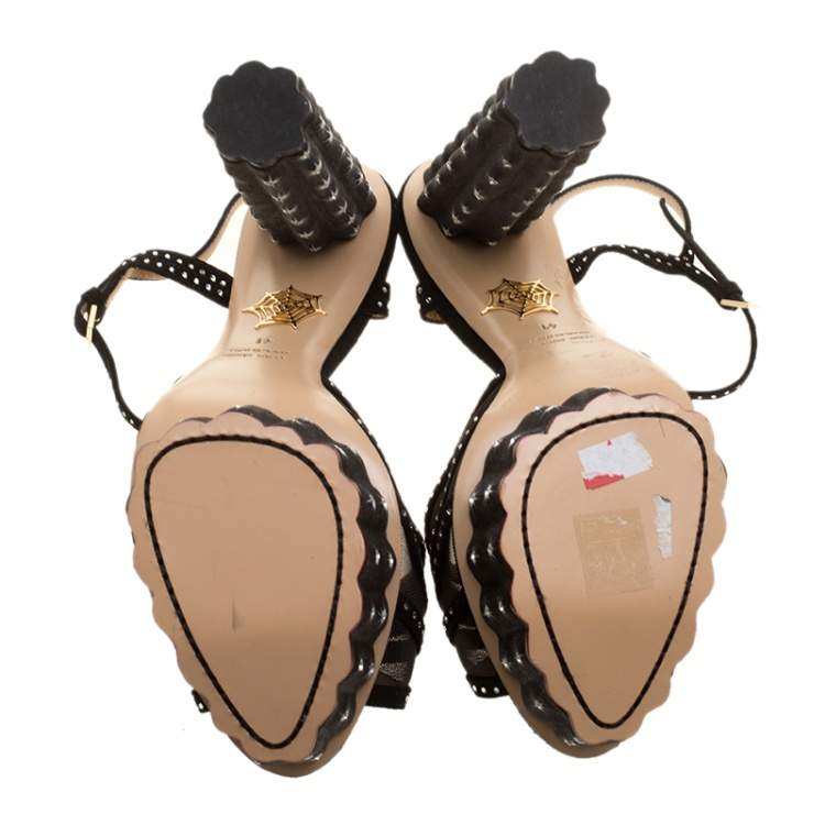 Pre Owned Charlotte Olympia Black Suede And Mesh Cactus Crystal Studded Ankle Strap Platform Sandals Size 41