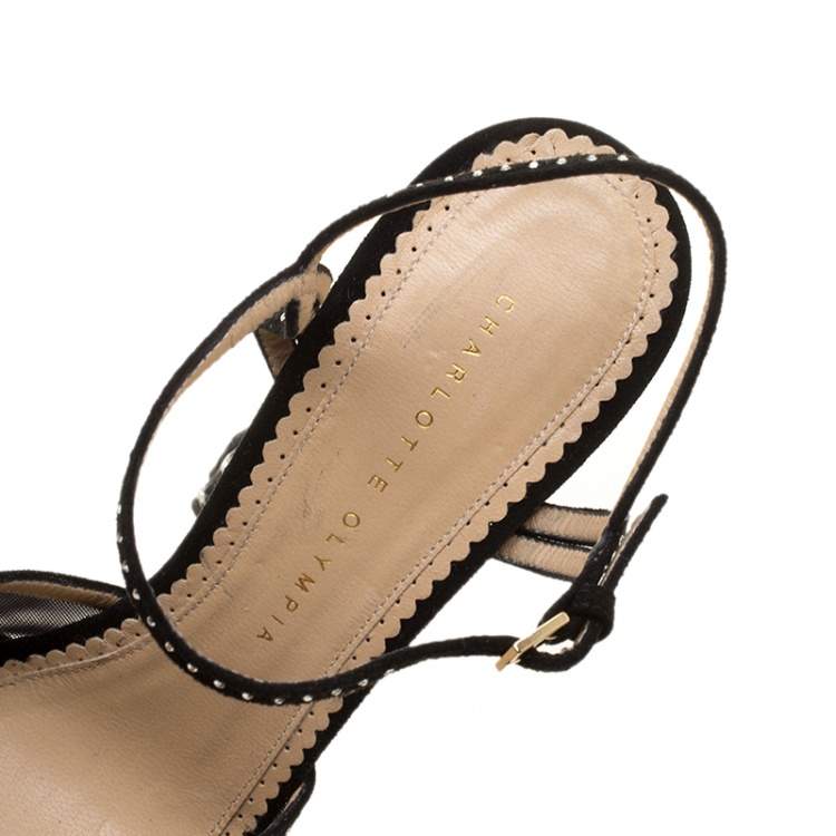 Pre Owned Charlotte Olympia Black Suede And Mesh Cactus Crystal Studded Ankle Strap Platform Sandals Size 41